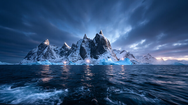 Snowy Arctic Mountain Peaks and Icebergs in Ocean at Twilight