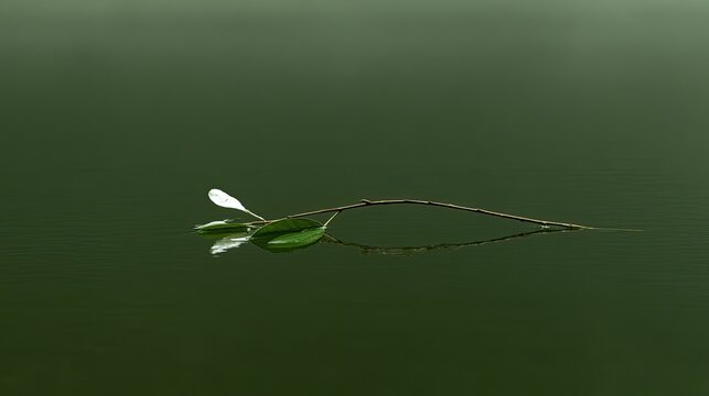 A single twig with leaves floats serenely on dark, still water