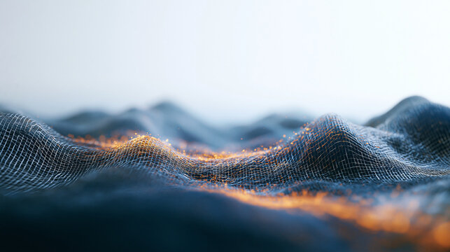 Abstract Digital Wireframe Data Landscape with Glowing Particles