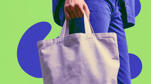 Person Holding Reusable Canvas Tote Bag on Graphic Background