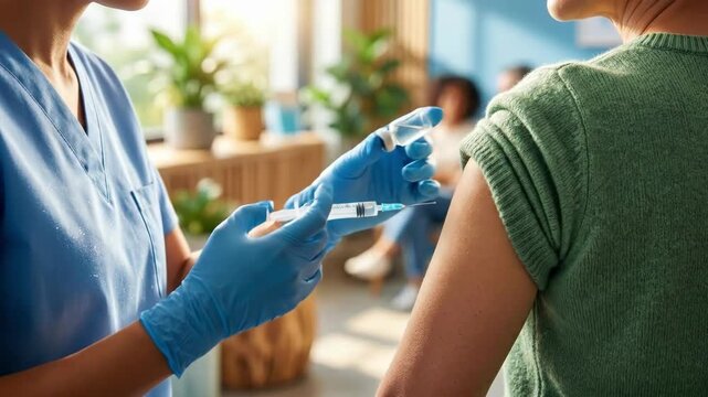 Female nurse administering vaccine to woman patient arm. Healthcare professional giving injection in clinic. Immunization and preventive medicine concept for public health
