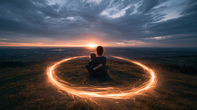 Parent and Child Sitting in Glowing Light Circle at Sunset