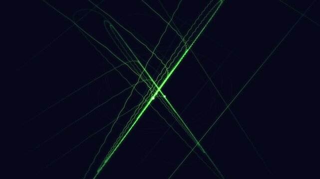A dynamic display of neon green laser beams emerging and intersecting in a dark environment creating a captivating and futuristic visual effect suitable for technology or innovation themes