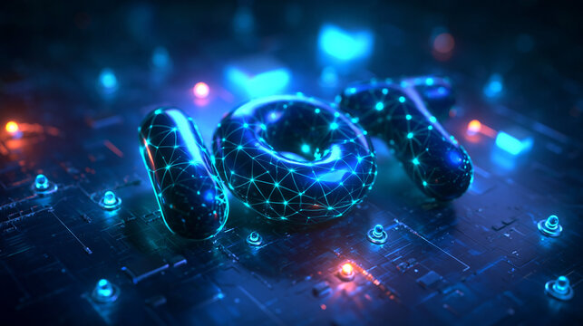 IoT Letters with Glowing Digital Network Mesh on Circuit Board