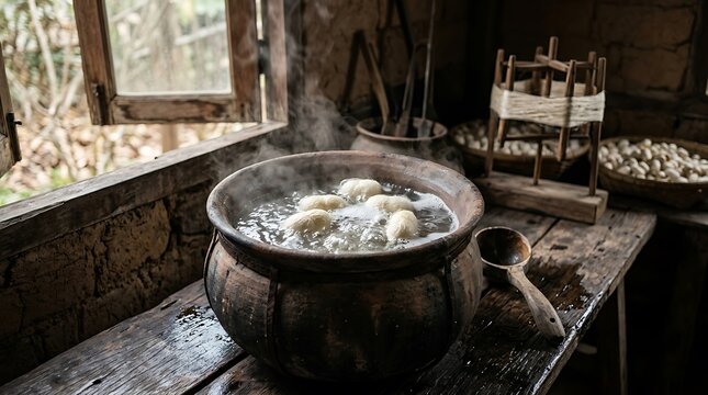 Silkworm cocoons boiling in a traditional clay pot for silk production