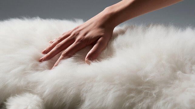 Hand Touching Soft Fluffy White Fur Close Up