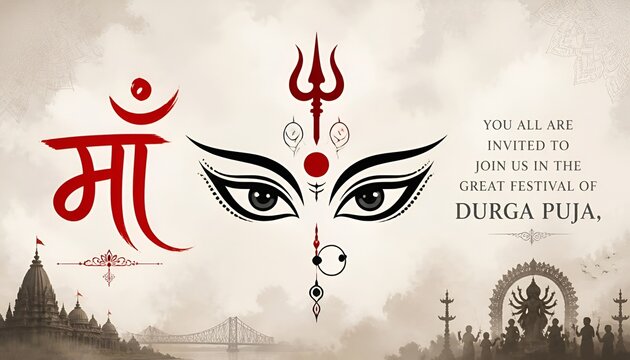 Goddess Durga Face in Happy Durga Puja Subh Navratri Indian religious header banner background