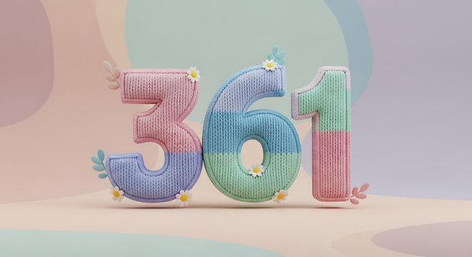 Charming pastel knitted numbers 361 in soft color blocks, adorned with tiny flowers and leaves