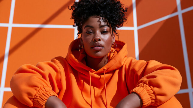 Trendy Young Black Woman Wearing Orange Hoodie in Sunlight