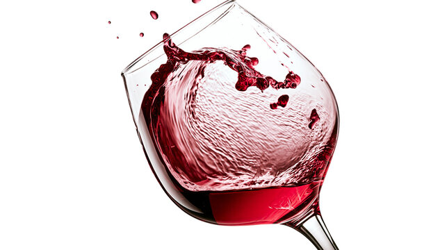 Red wine splashing dynamically inside a tilted wine glass, isolated on transparent background