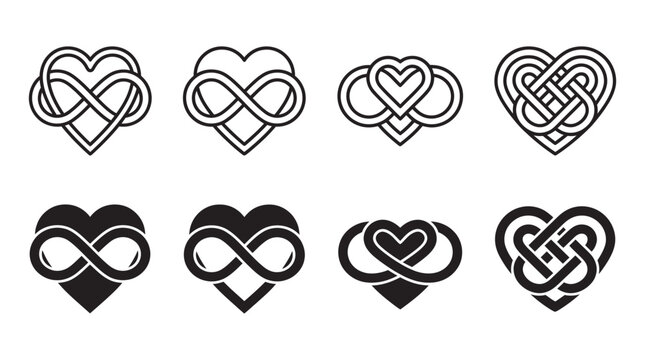 Assorted heart and infinity symbols in decorative knot styles for romantic and eternal concept designs with infinity