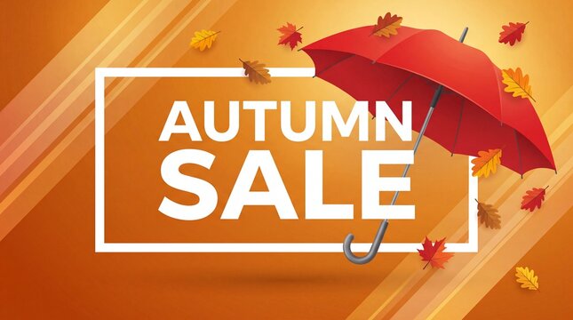 Autumn sale promotional illustration featuring a red umbrella and falling leaves on a vibrant orange background with bold text