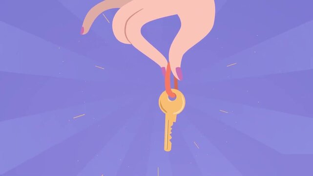2D animated hand offering gold key on purple background, flat vector motion graphics visual ideal for real estate sales and security ads