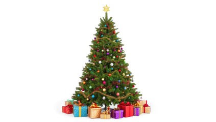 Naklejka premium Christmas Tree Decorated with Colorful Ornaments and Gifts Isolated on White