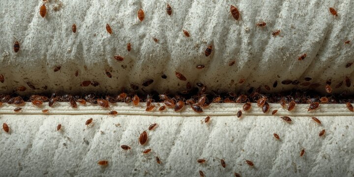 Closeup of Bed Bugs Infesting a Mattress in a Dimly Lit Setting