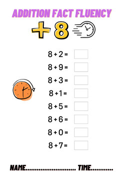 Addition Facts Fluency +8 Timed Math Worksheet for Kids