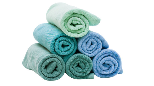 Stack of rolled soft terry cloth towels in shades of blue and green, isolated on transparent background