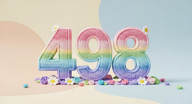 Rainbow-colored knitted numbers 498 with soft fluffy texture and cheerful floral accents, ideal for celebrations