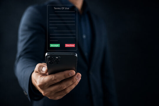 Terms of use business concept. Businessperson sign termsand conditions of website or service before clicking button accept or decline, online banking check bodget planning.