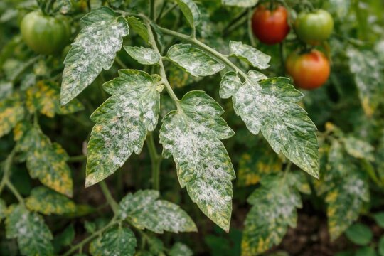 Tomato Plant Leaves with Powdery Mildew and Ripening Fruit in Garden Setting