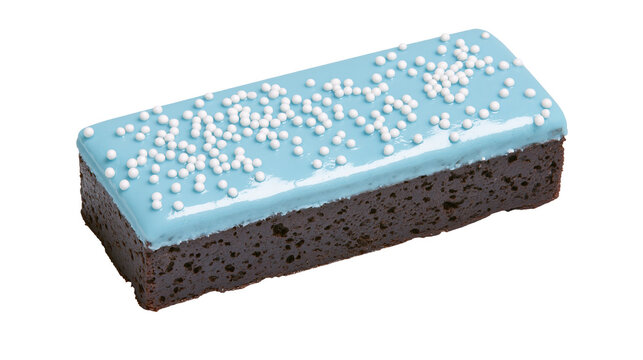 Dark chocolate brownie with bright blue frosting and white sprinkles, isolated on transparent background