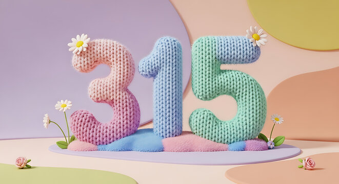 Whimsical knitted numbers 315 in pastel tones with flowers and leaves, perfect for cute birthday or event decorations