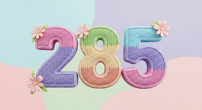 Pastel Knitted Numbers 285 with Flowers and Leaves, 3D Illustration on Soft Gradient Background