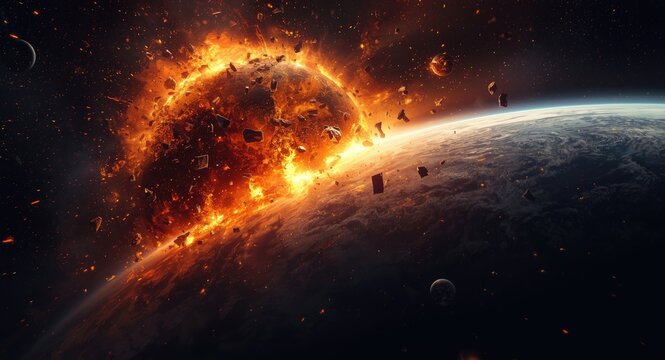 Exploding Planet in Space with Fiery Debris and Celestial Bodies