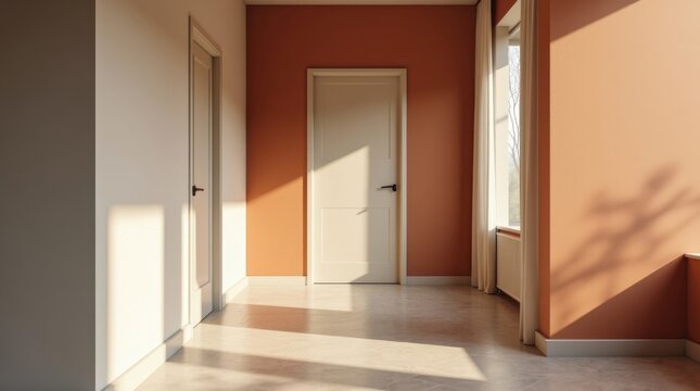 Pasillo con pruebas de color de pintura superpuestas en paletas modernas de tonos tierra y luz solar de la tarde