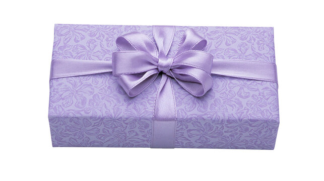 Rectangular lavender gift box with floral pattern and satin ribbon bow, isolated on transparent background