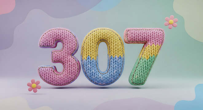 Soft Knitted Number 307 in Pastel Color Blocks with Flower Decorations, Whimsical 3D Design