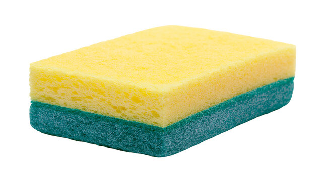 Yellow and green dual-layer scrubbing sponge isolated on transparent background
