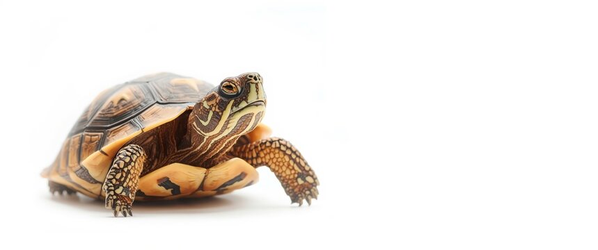 Turtle Crawling on a White Surface with Soft Shadows