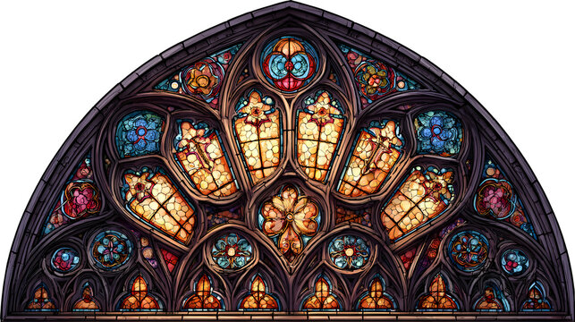 Vibrant stained glass cathedral window with floral patterns with cathedral featuring intricate patterns sacred symbols large ornate stained with Gothic architecture