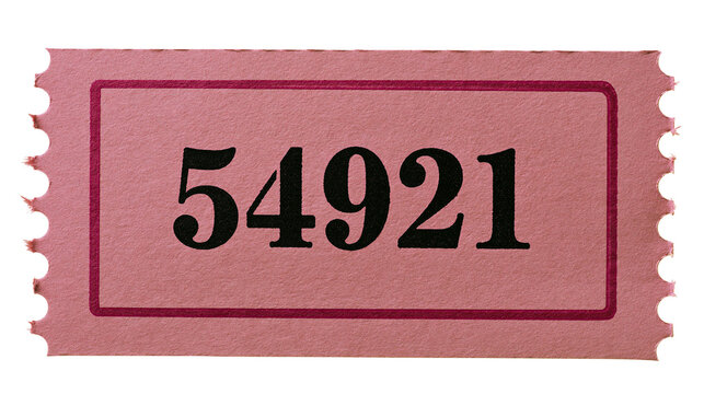 Pink raffle ticket with number 54921 and perforated edges, isolated on transparent background