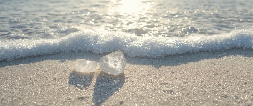 Clear Sea Glass Pieces on Sandy Beach with Gentle Waves and Sunlight