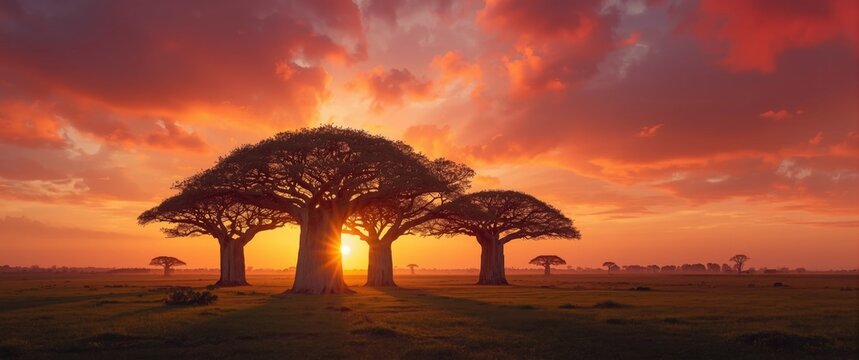 Baobab Trees Silhouetted Against a Vibrant Sunset in a Dusk Sky