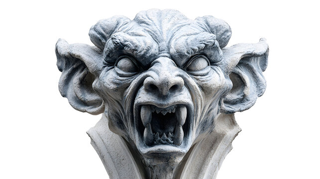 Menacing gothic gargoyle stone carving with fierce expression with expression showcasing sharp depicts stone sharp teeth architecture background