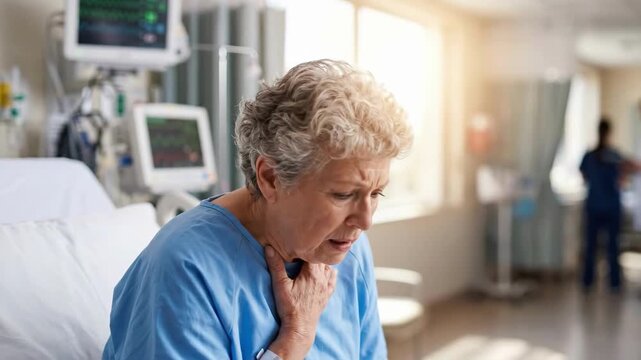 Elderly woman clutching throat in hospital bed. Senior patient suffering asthma attack. Respiratory distress and breathing difficulty in medical care setting
