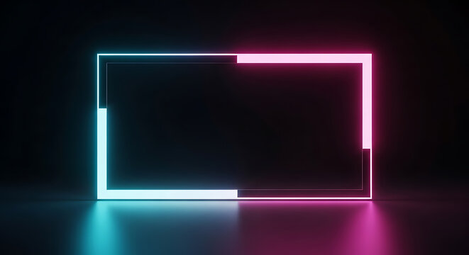 Modern glowing neon rectangle frame in vibrant cyan and magenta on a black background, ideal for futuristic or tech designs.