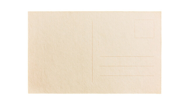 Blank beige textured postcard with stamp box and writing lines, isolated on transparent background