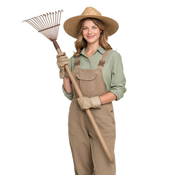 Smiling female gardener in straw hat and overalls holding garden rake isolated on transparent or white background, png
