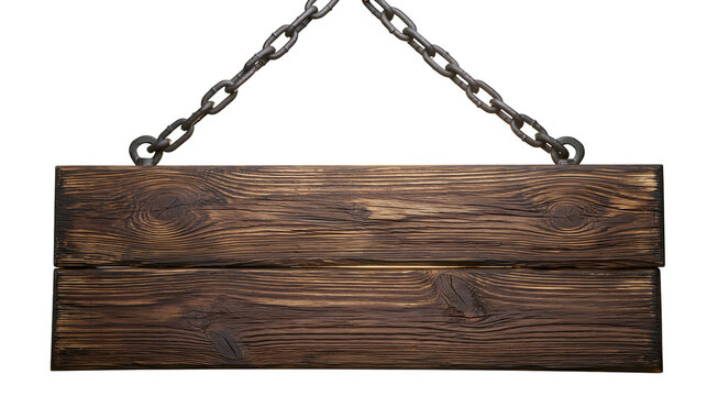Rustic wooden sign hanging from metal chains, isolated on transparent background