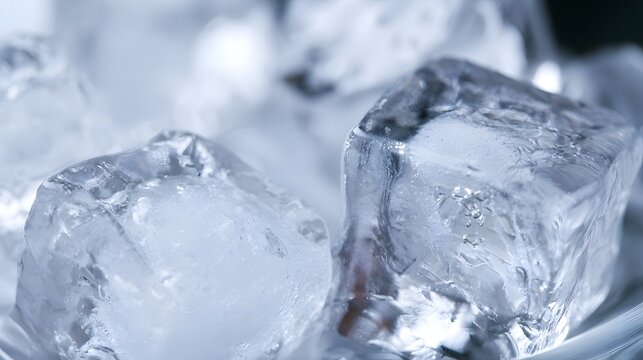 Close up of translucent ice cubes showing crystalline texture and sharp edges under cool lighting