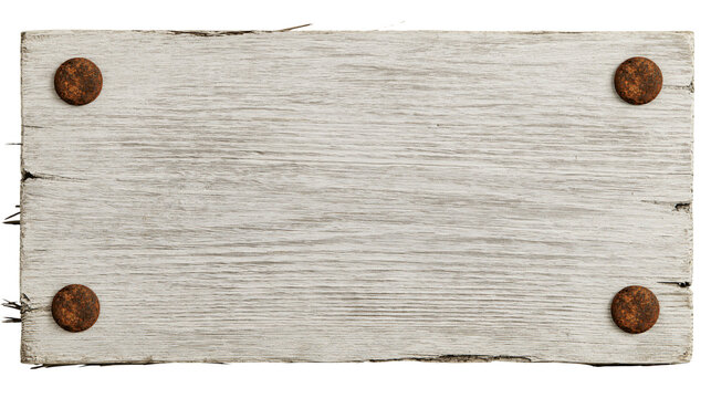 Weathered white wooden plank with rusty nail heads, isolated on transparent background