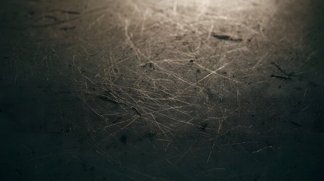 Close up of scratched dark surface illuminated by warm light from above  showing texture and wear
