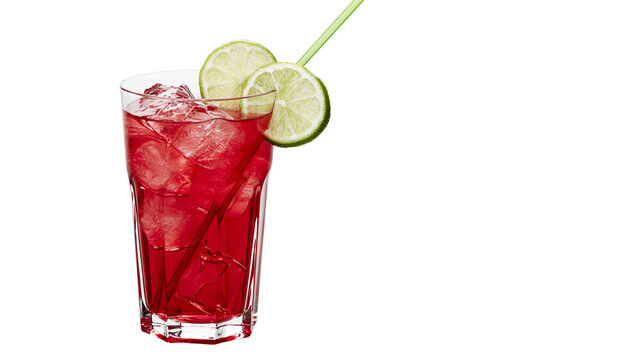 Tall glass of red iced beverage with lime slices and straw, isolated on transparent background