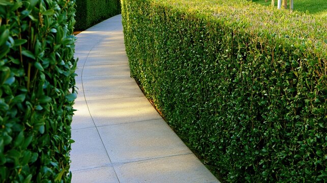 privet. A neatly trimmed green hedge wall surrounding a garden path in soft morning light. gardening catalogs, home-decor guides, designed for gardening and botanical catalogs.