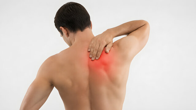 Man Massaging Upper Back With Shoulder Muscle Pain