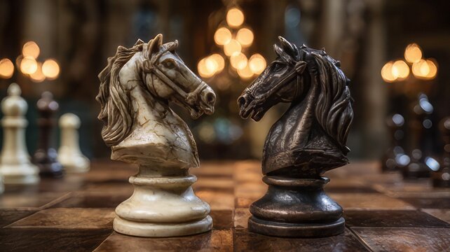 Two detailed knight chess pieces, one black and one white, facing each other with ornate shields. Symbolize opposition of chess game, conflict strategy.
